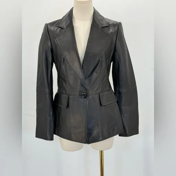 Ellen Tracy Genuine Black Leather Blazer Jacket Tailored Fit Single Button SZ 2 - Picture 13 of 14